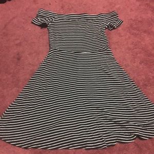black and white stripped off shoulder skater dress